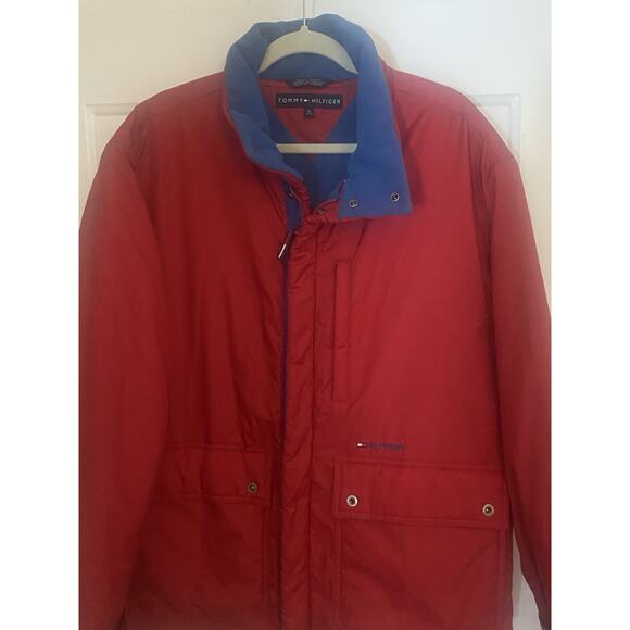 Vintage 90s Tommy Hilfiger Jacket XL Fleece Lined Red Blue Yellow Red - Picture 1 of 13